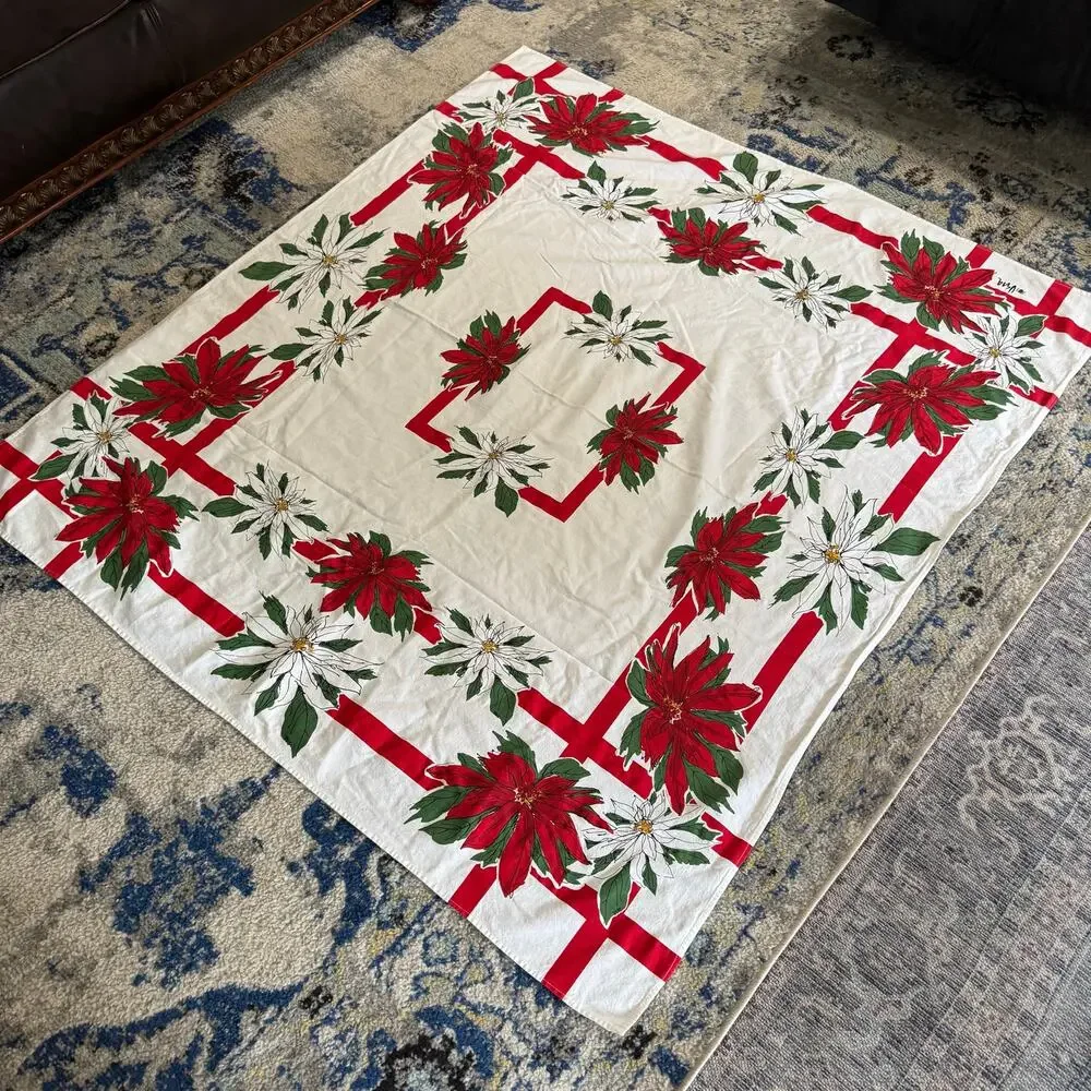 Vintage Vera Neumann Small Christmas Tablecloth Poinsettias 48x53